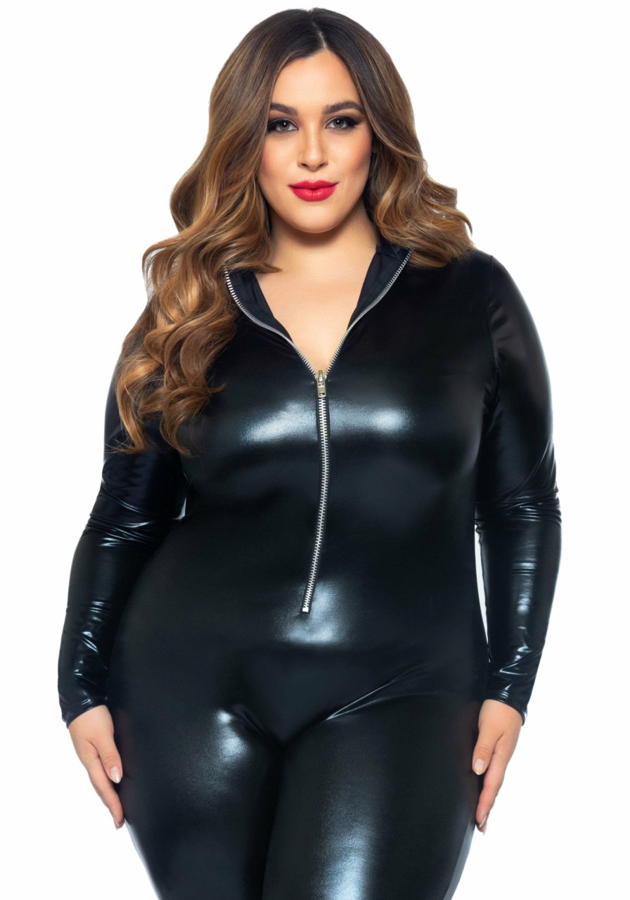 Kostuums Leg Avenue | Wet Look Faux Leather Catsuit Plus Size Black