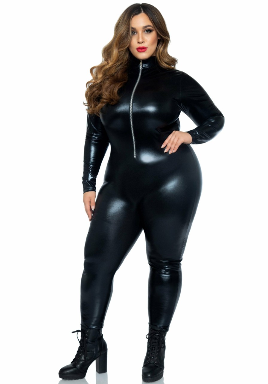 Kostuums Leg Avenue | Wet Look Faux Leather Catsuit Plus Size Black