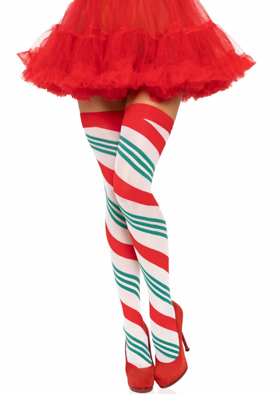 Accessories Leg Avenue | Jolly Holiday Strip Thigh Highs White/Green/Red