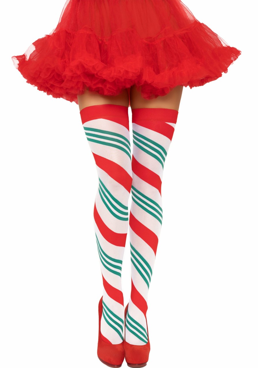 Accessories Leg Avenue | Jolly Holiday Strip Thigh Highs White/Green/Red