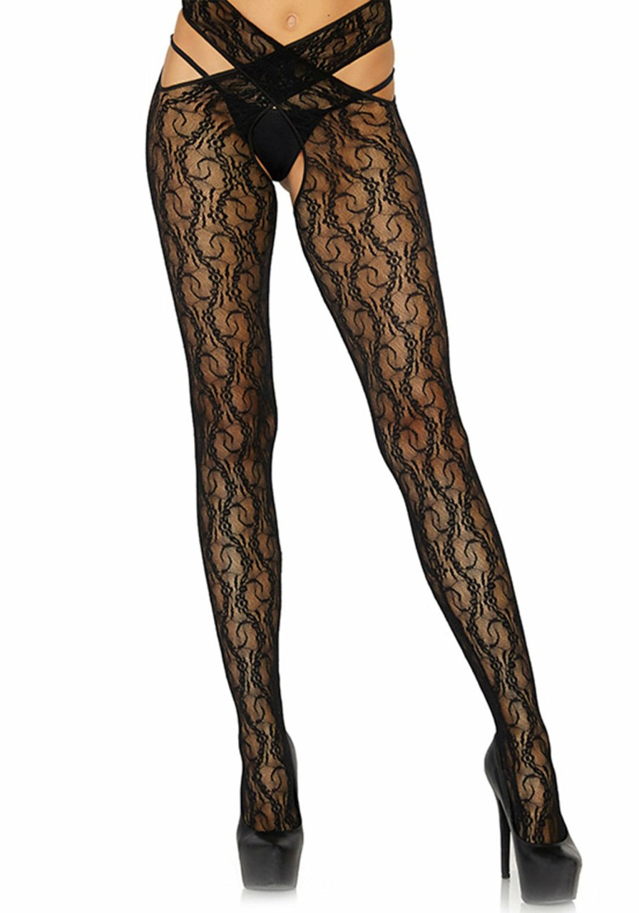 Beenmode Leg Avenue | Bloemen Wikkel Panty Met Open Kruis Zwart