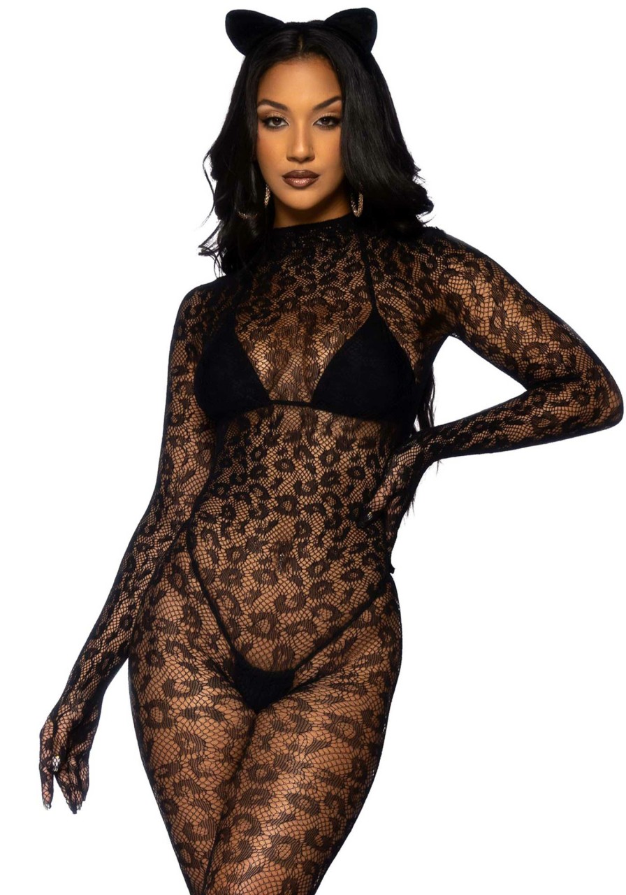 Lingerie Leg Avenue | Leopard Net Gloved Catsuit Black