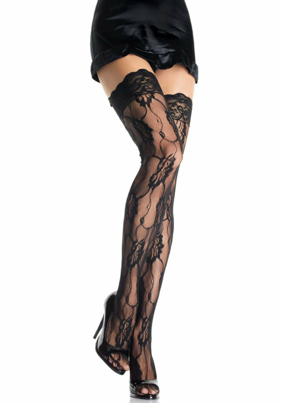 Beenmode Leg Avenue | Kanten Thigh High Kousen Met Rozen Zwart