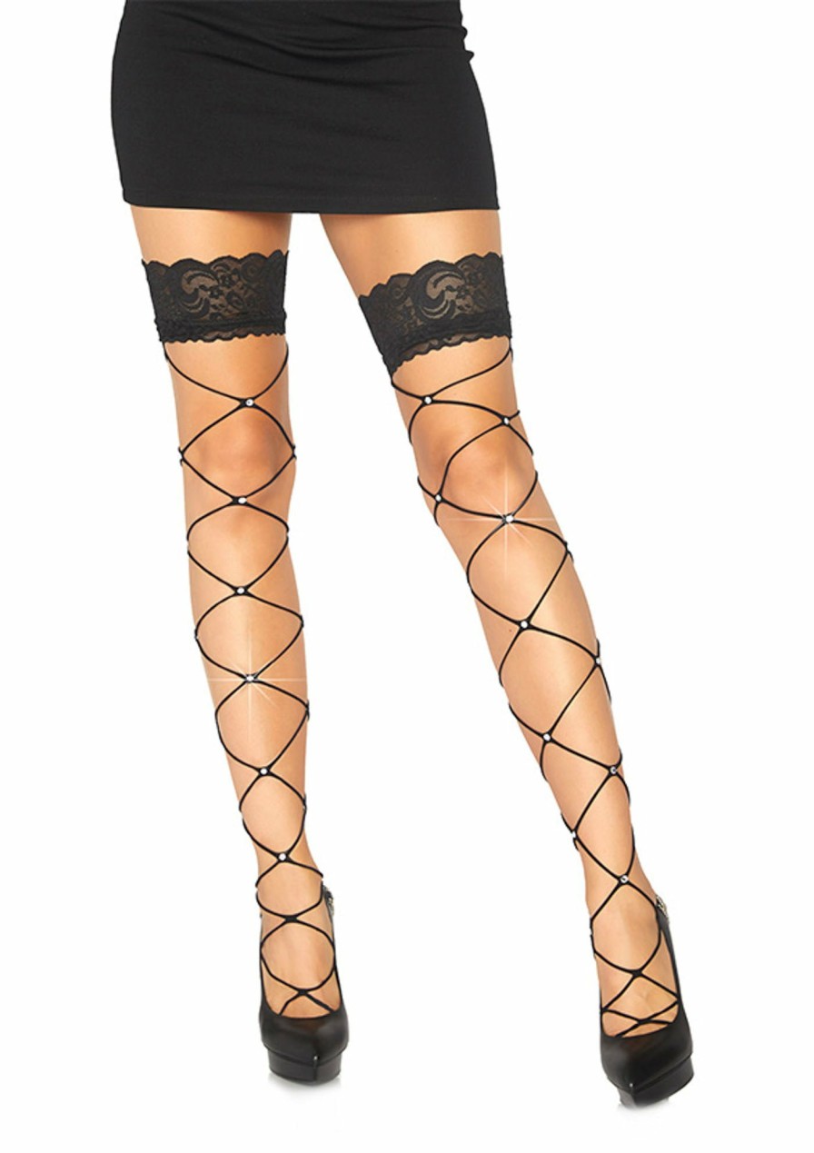 Beenmode Leg Avenue | Net Thigh High Kousen Met Diamantjes Zwart