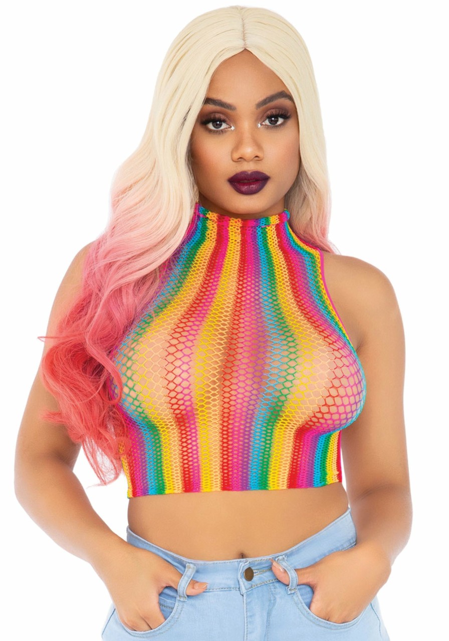 Lingerie Leg Avenue | Rainbow Net High Neck Crop Top Multicolor