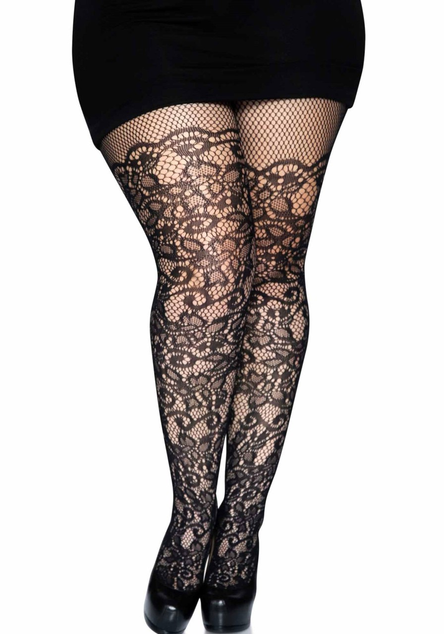 Beenmode Leg Avenue | Net Panty Met Bloemen - Plussize Zwart