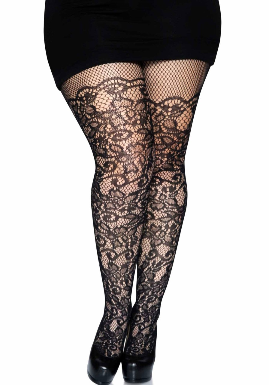 Beenmode Leg Avenue | Net Panty Met Bloemen - Plussize Zwart