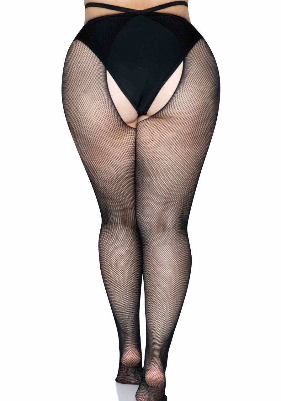 Beenmode Leg Avenue | Olivia Plus Fishnet Crotchless Tights Zwart