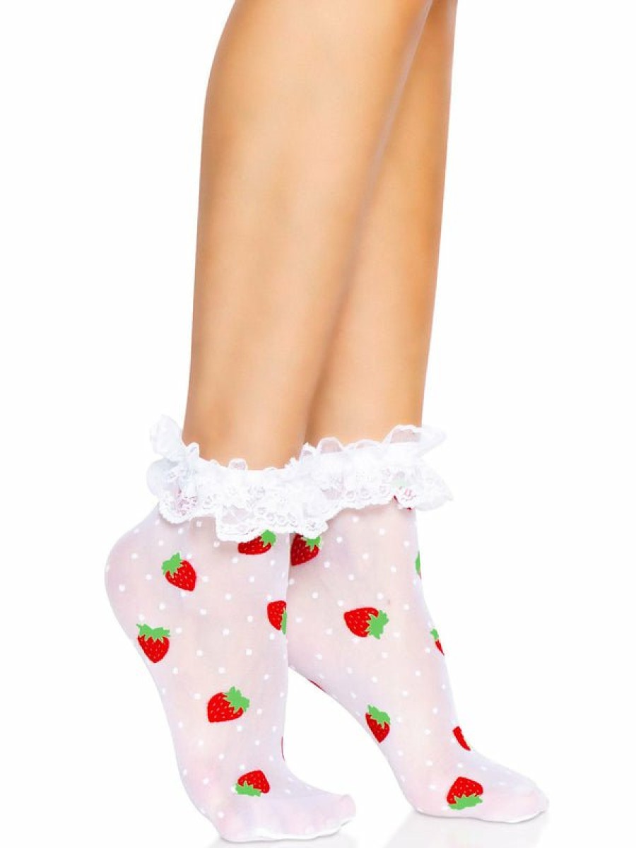 Beenmode Leg Avenue | Aardbeien Ruffle Enkelsokjes White/Red