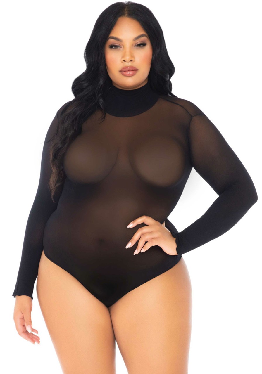 Lingerie Leg Avenue | Highneck Sleeved Bodysuit + Zwart