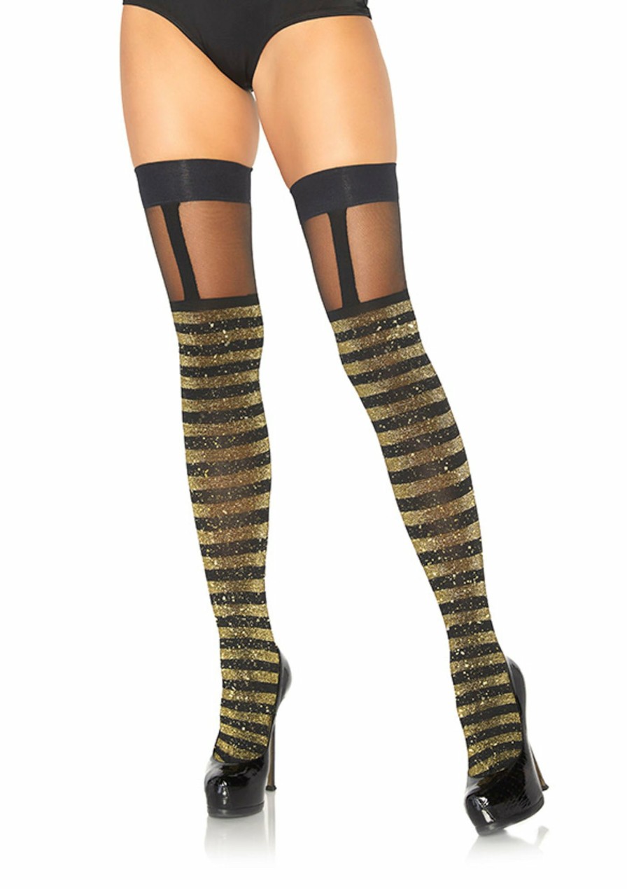 Beenmode Leg Avenue | Lurex Striped Thigh Highs Black, Gold Lurex